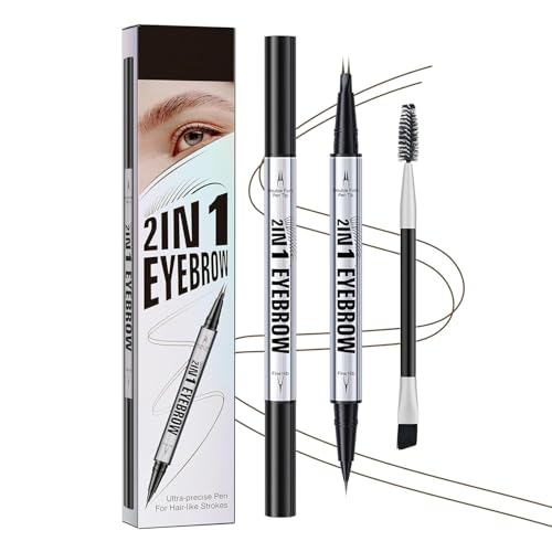 Eyebrow Pencil Curved Eyebrow Pen, Microblading Eyebrow Pen 2-in-1 Dual-Ended with 2-Fork-Tip & Precise Brush-Tip with Eyebrow Brush, Waterproof Natural Brow for Women (03#DARK BROWN)