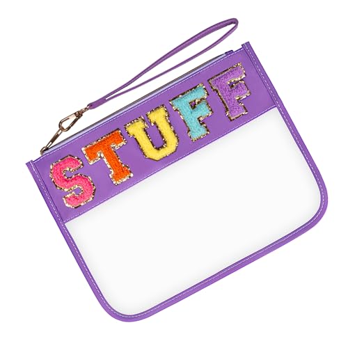 Chenille Letter Clear Bag, Travel Makeup Letter Bag with Zipper, Waterproof Transparent PVC Cosmetic Bag, Cute Snacks Portable Stuff for Women (Purple STUFF)