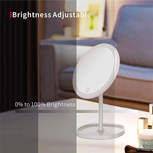 LED Lighted Makeup Mirror, Circle, 7"L x 7"W 12.48"H, White, Rechargeable, Cordless, Standing/Leaning, Compact