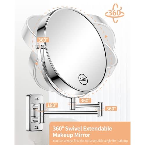Gospire 9 Inch Extra Large Wall Mounted Mirror with 1X/10X Magnification, 360¡Æ Swivel & Extendable, Chrome Polished Finish for Bathroom Vanity, Shaving & Makeup (Men & Women)