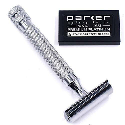 Parker 91R Heavyweight Long Handle Safety Razor ? Classic 3-Piece Double Edge Razor for Smooth, Close Shaves ? Brass Frame with Textured Chrome Finish ? Compatible with All DE Razor Blades