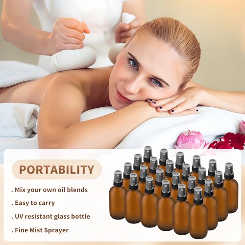 BILLIONSTARS 24 Pack 2oz Glass Boston Round Bottle with Fine Mist Sprayer - Amber Frosted - Essential Oils, Bath, Beauty, Hair & Cleaning - Leakproof Travel Bottles