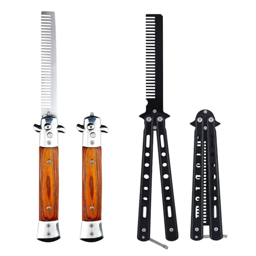 2 Pack Automatic Switch Folding Practice Combs, Stainless Steel Butterfly Comb for Hair Styling Tools