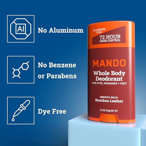 Mando Smooth Solid Stick (2.6 Ounce) + Acidified Body Wash (1.5 Ounce) - Clinically Proven to Block Odor All Day - Whole Body Safe For Pits, Packages + Feet (Bourbon Leather)