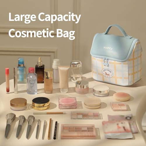 RIGHT AWAY Travel Makeup Bag, Large Capacity Cosmetic Bags for Women,Portable Make Up Case Organizer Waterproof Travel Toiletry Bag with Handle and Divider(Blue)