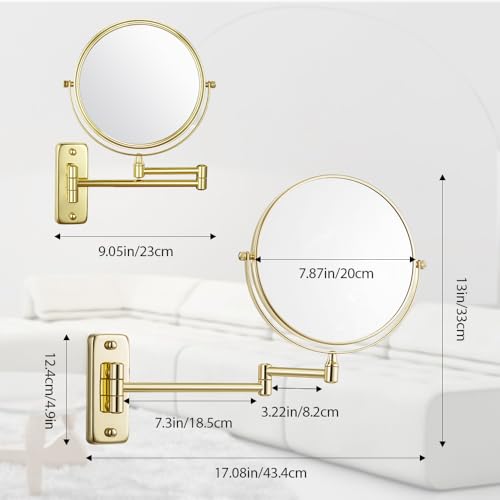 Cerdeco 8 Inch Double Sided Makeup Wall Mount Mirror with Gold Plated Finish 360 Swivel Extendable Cosmetic Shaving Mirror