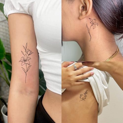 Semi Permanent Tattoo, 2 Sheets Lily Temporary Tattoo for Women Girls, Realistic Flower Tattoos for Waist Arm, Minimalist Line Floral Tattoos, Lasts 1-2 Weeks, Waterproof & Non-reflective