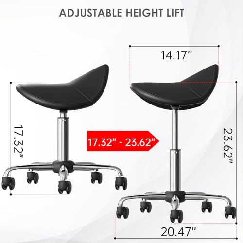 CLORIS Saddle Rolling Stool Hold up to 400 LBS Height Adjustable Swivel Chair Metal Feet with Wheels for Spa, Massage, Salon, Home, Office, Medical, Tatoo, Bar Black