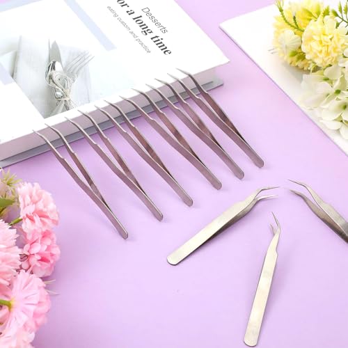 10 PCS Stainless Steel Eyelash Tweezer, Curved Pointed Craft Tweezers for Crafting with Protective Cover Precision Tweezers Set Multipurpose Nail Sticker Tweezer for Eyelash Extensions Blackhead