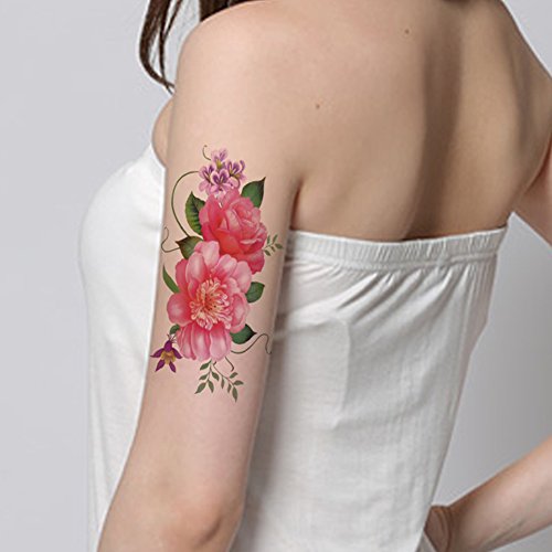 Beautiful Pink Flowers Fake Temp Tatoo Sticker for Women Waterproof Body Tattoo 5 Sheets