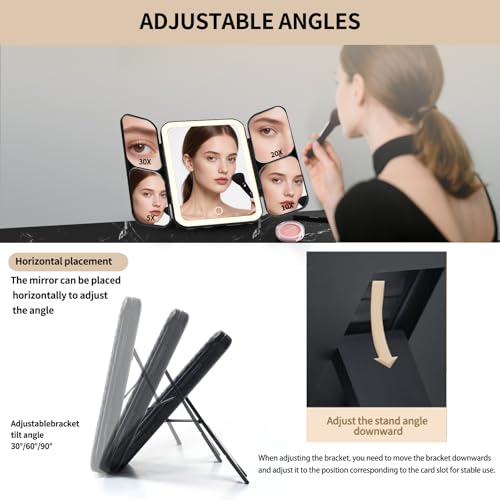 Tri-fold Vanity Mirror with Light,Rechargeable Travel Makeup Mirror with 5X/10X/20X/30X Magnifying Mirror,Touch Screen Dimming Light Up Vanity Mirrors for Travel Home,Black