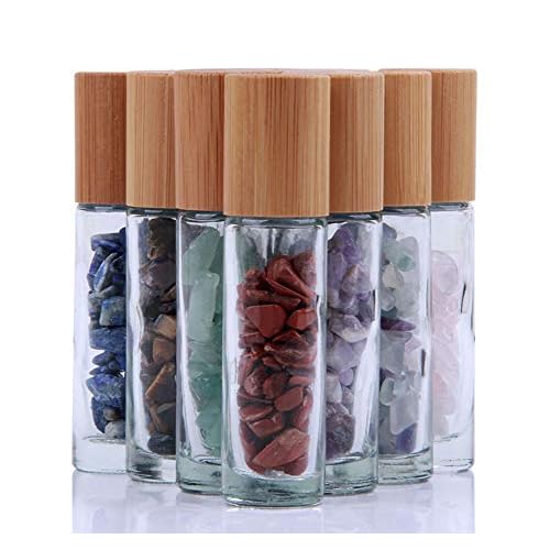 10ml Roll On Bottle For Essential Oils,10 Pack Clear Glass Roller Bottles With Natural Crystal Gemstone Roller Balls Top,Bamboo Lid,Thick Glass Essential Oil Bottles-Healing Crystal Chips Inside