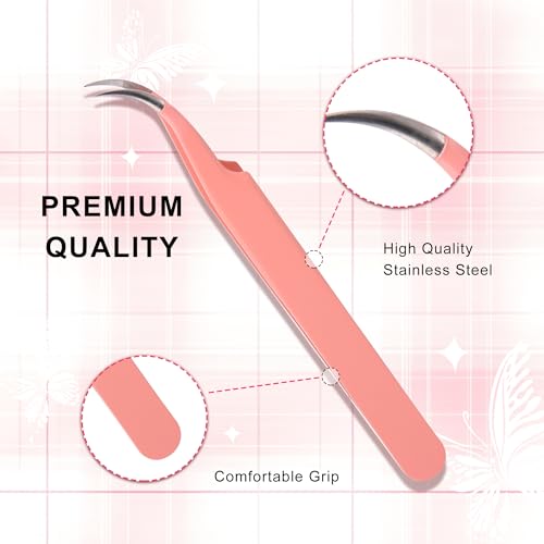 JoMay Eyelash Extension Tweezers 4Pcs Professional Kit High Precision Stainless Steel, Straight and Curved Volume Lash Tweezers Boot Volume 90 Degree, Girls Women Beginners (Pink)