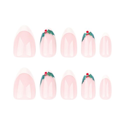 30Pcs Christmas Nails White French Tip Press on Nails Short Almond Fake Nails Christmas Fruit False Nails with Glue Winter Glossy Acrylic Nails Natural Full Cover Stick on Nails DIY Art for Women