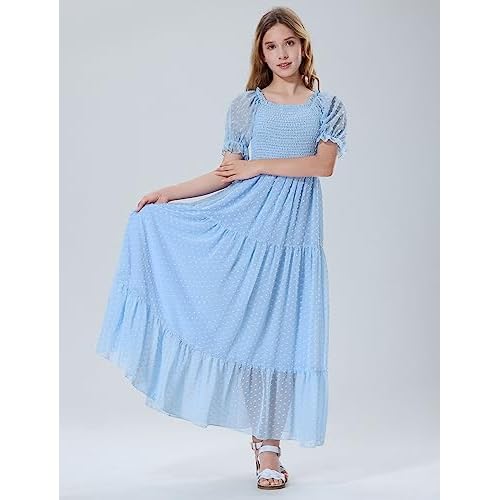 Mebius Girls Maxi Dress Long Smocked Dresses Swiss Dots Square Neck Short Sleeve Casual A-line Flowy for 6-12 Years