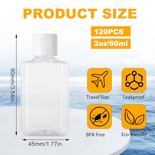 120 Pack 2 Oz Plastic Refillable Bottles with Flip Cap, Clear Hand Sanitizer Bottles, Travel Size Bottles with Flip Cap, Portable Reusable Containers with Lids for Shampoo,Body Soap,Toner, Lotion