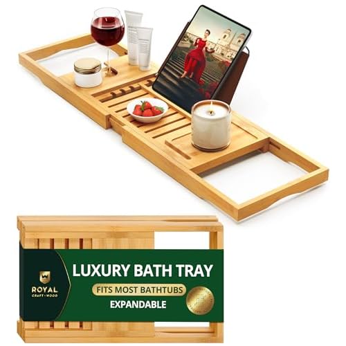 ROYAL CRAFT WOOD Premium Foldable Bathtub Tray Caddy - Wood Bath Tray for Tub, Bamboo Shelf, Expandable Bath Table Trays, Bathtub & Bathroom Accessories for New Home & Mothers, Birthday Gifts for Mom