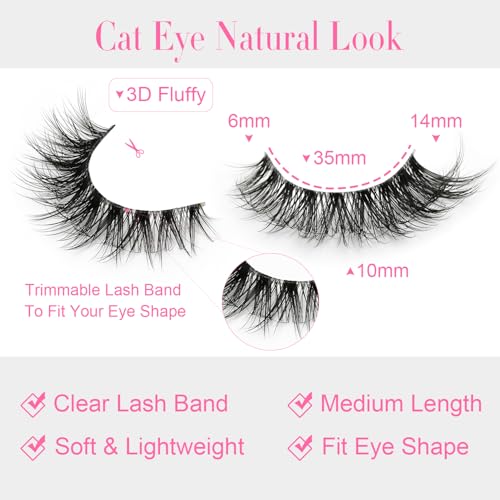 False Lashes Natural Look Eyelashes - 14 Pairs 14mm Faux 3D Mink False Eyelashes Natural Looking Fluffy Cat Eye Wispy Strip Lashes Pack by EMEDA (T06£©