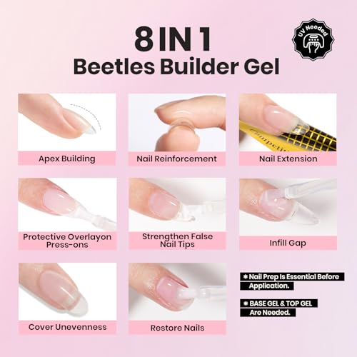 Beetles HEMA-Free 15ml Gel Top Coat and Builder Gel for Nails with Nail Brush, Low Heat Hypoallergenic Clear 8 in 1 Builder High Shine Long Lasting No Wipe Top Coat Nail Polish