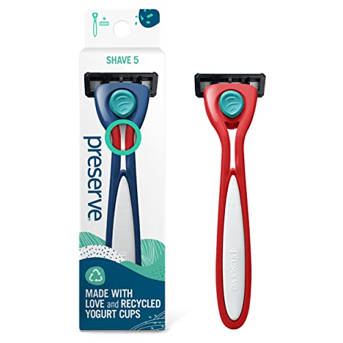 Preserve Shave 5 Five Blade Refillable Razor, Made from Recycled Materials, Poppy Red, with 4 Count Wave Replacement Cartridges for Unisex Use