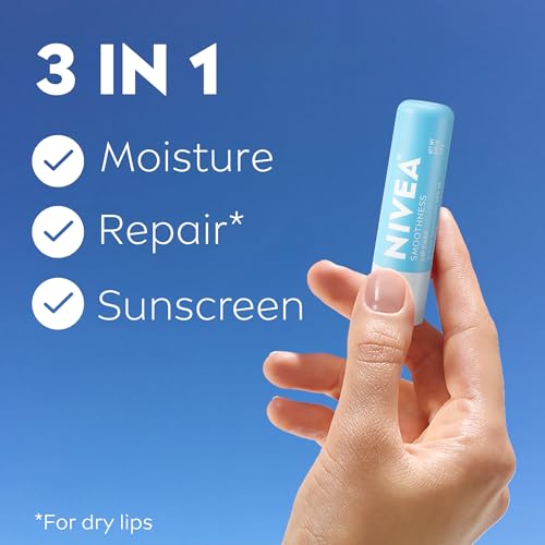 NIVEA Smoothness Lip Care, Sunscreen Lip Balm with SPF 15 Broad Spectrum, Shea Butter, Nourishing Oils and Vitamin C & E, 3-in-1 Moisture, Repair (for Dry Lips) and Sunscreen, 0.17 Oz Stick