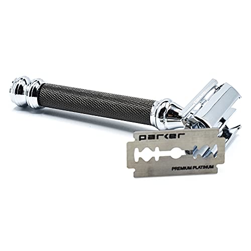 Parker 76R Heavyweight Butterfly Open Safety Razor ? Gunmetal Finish with Long Knurled Handle for Precision Wet Shaving
