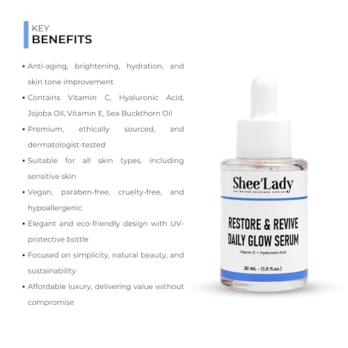 Shee'lady Restore & Revive Daily Glow Serum Daily Anti-Aging Wrinkle and Skin Tone Skin Care Treatment, Brightening Serum, Stocking Stuffers for Men & Women, 30 ML, 1 oz