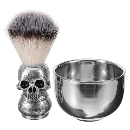 Shaving Bowl and Brush Kit, Skull Design Shaving Bowl Wide Mouth Shaving Kit Stainless Steel Beard Brush Shaving Tools For Men Women