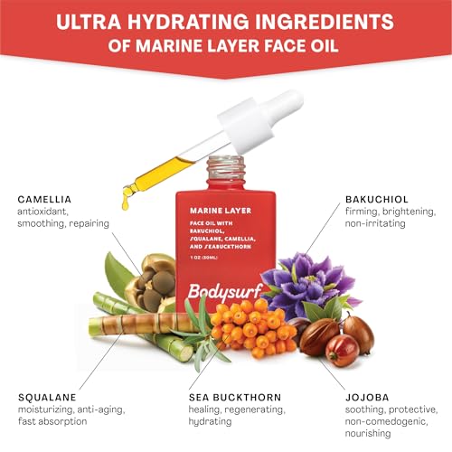 Bakuchiol Face Oil & Serum Alternative - Luxury Anti-Aging Facial Oil with Camellia, Seabuckthorn & Jojoba - Hydrating Organic Skincare Faceoil for Radiance & Wrinkles - Bodysurf Marine Layer (1oz)
