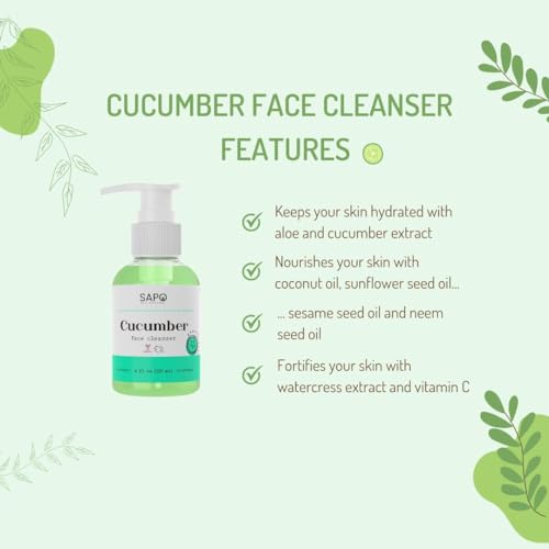 Sapo Cucumber Face Cleanser, Gentle Gel Wash with Aloe, Coconut Oil, Neem + Watercress, Hydrating pH-Balanced Facial Cleanser, 4 oz