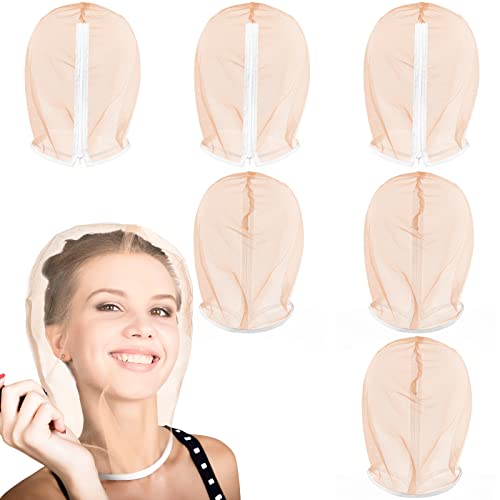 Loopeer 6 Pcs Makeup Protector Hood, Washable Light Airy Nylon Chiffon Face Cover, Protects Hair and Make up While Getting Dressed Zipper Closure Reusable Cosmetic Mask for Women Beauty Wedding(Nude)