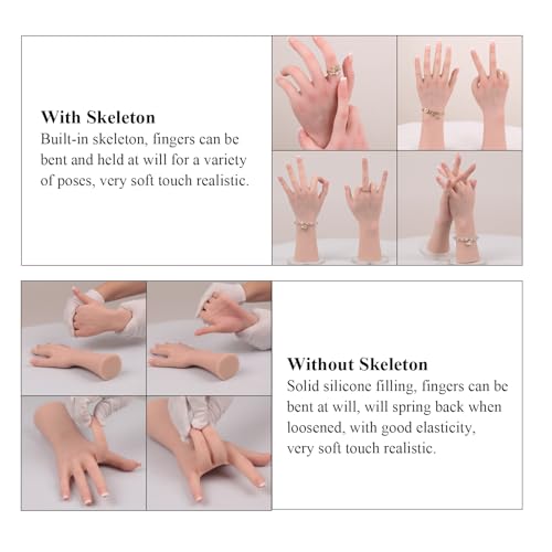 Silicone Realistic Female Hand Acrylic Nails Pratice Training For Nail Art Showing Jewelry Life Size Female Model Flexible Bendable (Right Hand-With Skeleton, Ivory)