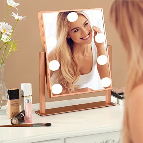Makeup Mirror with Lights, Hollywood Mirror Lighted Vanity Mirror with 9 LED Bulbs, Touch Control Design 3 Colors Dimmable Bulbs Detachable 10X Magnification 360¡ÆRotation(Rose Pink)