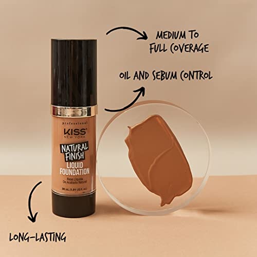 Kiss New York Professional Liquid Foundation - Lightweight and Hydrating Formula, Natural Finish, Control Shine, Cover Pores, Medium to Full Coverage, Green Tea Extract (Caramel)