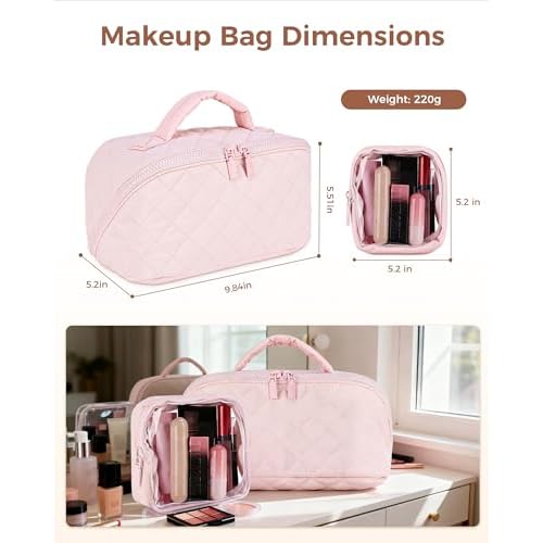 Travel Makeup Bag for Women, 2Pcs Large Capacity 180 Lay-Flat Toiletry Organizer with Brush Compartment, Waterproof Quilted Cosmetic Bag with Multiple Pockets for Travel, Vacation, Business Trip