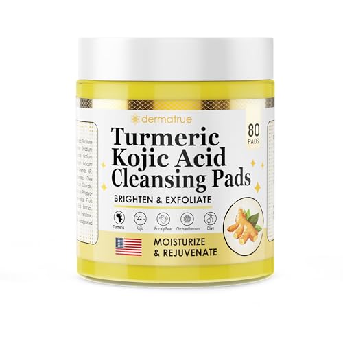 Turmeric Kojic Acid Cleansing Pads For Face Exfoliating And Dark Spots, 80pcs, Brightening, Balance and Moisturize Skin, with Vitamin B, Retinol, Prickly Pear, Olive Oil, Gentle For All Skin Types