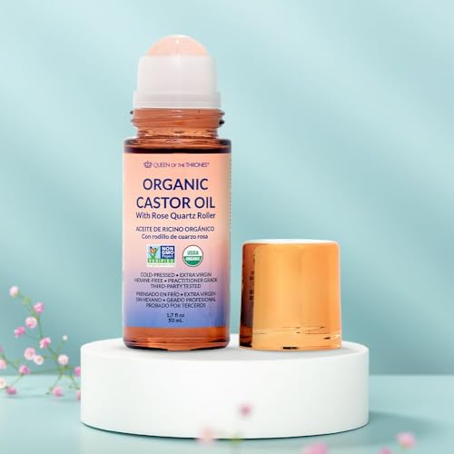 QUEEN OF THE THRONES¢ç Organic Golden Castor Oil Roll-On with Rose Quartz | 100% Pure for Skin, Brows & Lashes and less mess Castor Oil Packs | Hexane-Free | USDA Certified | Cold-Pressed 1.7oz (50mL)