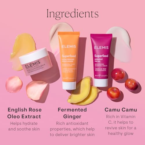 ELEMIS Way to Glow Exclusive Skincare Kit($70 Value) - Travel Set with Travel-Size Rose Cleansing Balm, Glow Priming Moisturizer & Midnight Facial, Nourish & Illuminate Skin all day