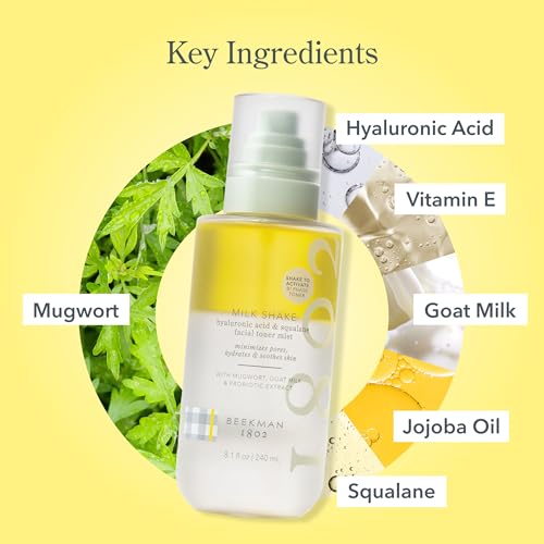 Beekman 1802 Milk Shake Hydrating Face Mist ? Setting Spray & Milky Toner with Hyaluronic Acid & Squalane ? Facial Toner & Face Spray ? Lightweight Hydration, Minimizes Pores, Fragrance Free 8.1 Fl Oz