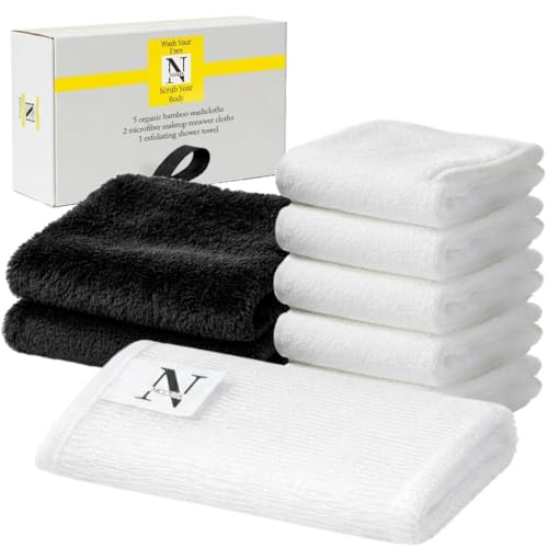 NICOLEA 100% Organic Bamboo Facial Cloths & Skincare Set - 8 Piece Luxury System: 5 Bamboo Viscose Facial Towels, 2 Microfiber Makeup Remover Cloths & 36¡± Exfoliating Shower Towel ? Premium Skincare