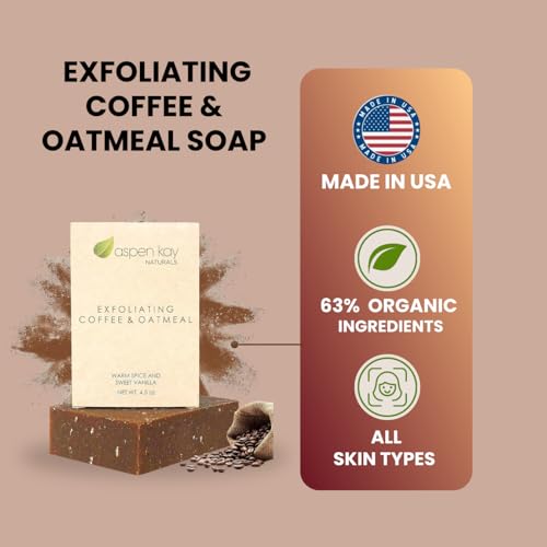 Aspen Kay Naturals Coffee & Oatmeal Exfoliating Soap, Natural and Organic Coffee Scrub. With Organic Shea Butter & Pure Essential Oils. A Wonderful Oatmeal Soap, For Men & Women. (2 pack)