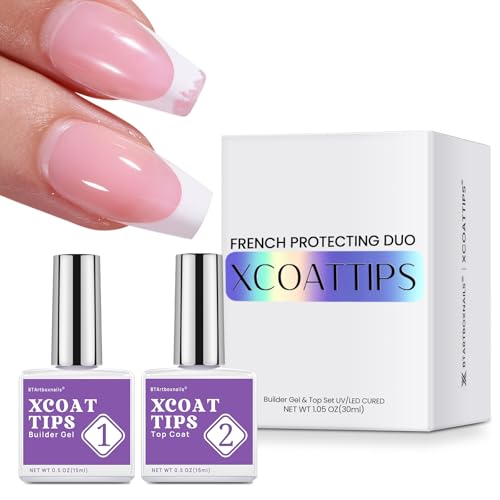 btartboxnails XCOATTIPS - Builder Gel Top Coat Set, Long Square French Tip Press on Nails with Builder Gel Top Coat Set