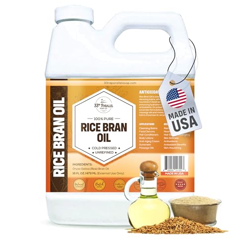 ORGANIC RICE BRAN OIL (16 oz) Premium Cold Pressed Unrefined | 100% Pure Rice Bran Oil for Skin, Face, Hair, Soap Making | Carrier for Essential Oils | Available in Bulk | 16 FL OZ