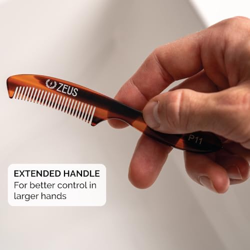 ZEUS Large 5¡± Mustache Comb for Men, Handmade Saw Cut, Long Handle Beard & Mustache Grooming Tool for Precise Styling (Tortoiseshell) P12