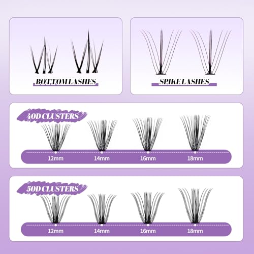 DIY Lash Extension Kit Lash Clusters With Bottom Lashes 20/30/40/50D 12-18mm Multi-types Individual Lashes Bond and Seal, Spike, Nature Volume Lashes Kit Lash Applicator(40/50 Kit)