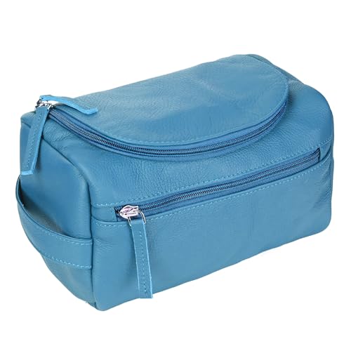 ELIZO Premium REAL Leather Toiletry Bag for Men Dopp Kitt Hanging Mens Toiletry Large TSA Toiletries Bag Shaving Grooming Bag Organizer (Blue, Large)