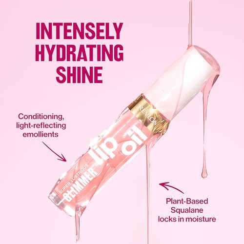 Revlon Super Lustrous Glimmer Lip Oil, Moisturizing & Tinted, Shiny Finish, Made with Plant-Based Squalane, 001 Candy Hearts, 0.13 fl oz