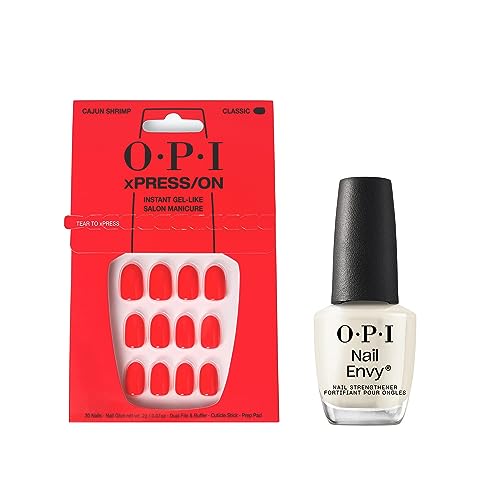 Bundle of OPI xPress/On Press On Nails, With Nail Glue, Short Red Nails, Cajun Shrimp + OPI Nail Envy, Nail Strengthening Treatment, Stronger Nails in 1 Week, Vegan Formula, 0.5 fl oz