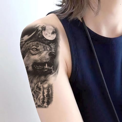 2 Sheets Realistic Animal Temporary Tattoos Stickers Forest Wolf Designs For Men Waterproof Arm Leg Fake Body Art, Gym & Parties Bold Masculine Decals