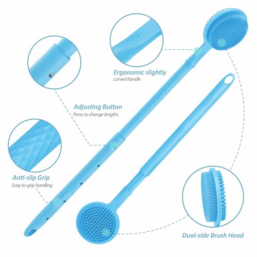 Adjustable Silicone Back & Face Scrubber Set, 16''-24'' Extendable Shower Back Scrubber with Dual-Side Head and Lathering Bristles, Manual Face Scrubber with Soft Bristles Non-Slip Handle(Blue)